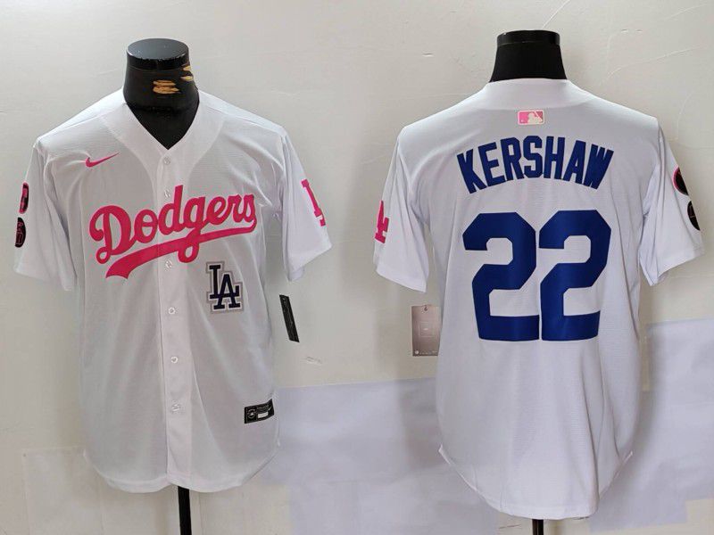 Men Los Angeles Dodgers #22 Kershaw White pink joint name 2024 Nike MLB Jersey style 5->los angeles dodgers->MLB Jersey